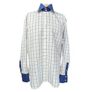 Eredi Pisano Button Down Shirt 16 Windowpane Contrast Collar  Linen Blend